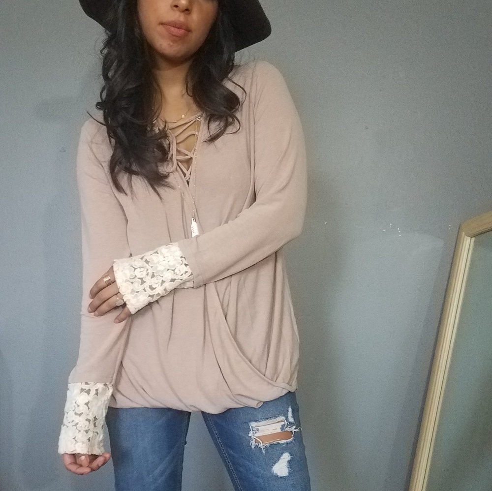 TOUCH OF LACE TAUPE SURPLICE TOP - Picture 2 of 7